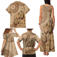 Brown Bula Fiji Family Matching Tank Maxi Dress and Hawaiian Shirt Fijian Dance Fan Tapa Cloth Pattern LT14 - Polynesian Pride