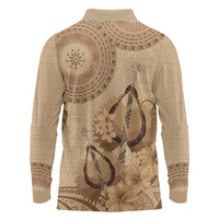 Brown Bula Fiji Long Sleeve Polo Shirt Fijian Dance Fan Tapa Cloth Pattern