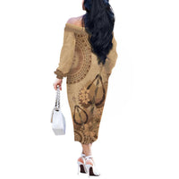 Brown Bula Fiji Off The Shoulder Long Sleeve Dress Fijian Dance Fan Tapa Cloth Pattern LT14 - Polynesian Pride