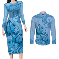 Blue Bula Fiji Couples Matching Long Sleeve Bodycon Dress and Long Sleeve Button Shirt Fijian Dance Fan Tapa Cloth Pattern LT14 Blue - Polynesian Pride