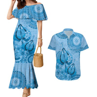 Blue Bula Fiji Couples Matching Mermaid Dress and Hawaiian Shirt Fijian Dance Fan Tapa Cloth Pattern LT14 Blue - Polynesian Pride