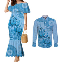 Blue Bula Fiji Couples Matching Mermaid Dress and Long Sleeve Button Shirt Fijian Dance Fan Tapa Cloth Pattern LT14 Blue - Polynesian Pride