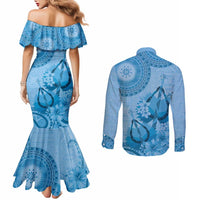 Blue Bula Fiji Couples Matching Mermaid Dress and Long Sleeve Button Shirt Fijian Dance Fan Tapa Cloth Pattern LT14 - Polynesian Pride