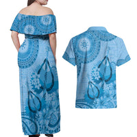 Blue Bula Fiji Couples Matching Off Shoulder Maxi Dress and Hawaiian Shirt Fijian Dance Fan Tapa Cloth Pattern LT14 - Polynesian Pride