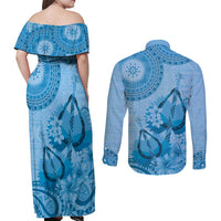 Blue Bula Fiji Couples Matching Off Shoulder Maxi Dress and Long Sleeve Button Shirt Fijian Dance Fan Tapa Cloth Pattern LT14 - Polynesian Pride