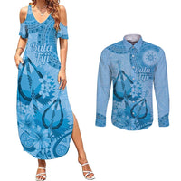 Blue Bula Fiji Couples Matching Summer Maxi Dress and Long Sleeve Button Shirt Fijian Dance Fan Tapa Cloth Pattern LT14 Blue - Polynesian Pride