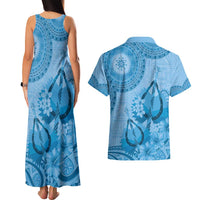 Blue Bula Fiji Couples Matching Tank Maxi Dress and Hawaiian Shirt Fijian Dance Fan Tapa Cloth Pattern LT14 - Polynesian Pride