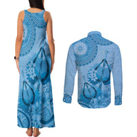 Blue Bula Fiji Couples Matching Tank Maxi Dress and Long Sleeve Button Shirt Fijian Dance Fan Tapa Cloth Pattern LT14 - Polynesian Pride