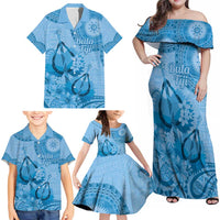 Blue Bula Fiji Family Matching Off Shoulder Maxi Dress and Hawaiian Shirt Fijian Dance Fan Tapa Cloth Pattern LT14 - Polynesian Pride