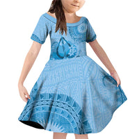 Blue Bula Fiji Family Matching Off Shoulder Short Dress and Hawaiian Shirt Fijian Dance Fan Tapa Cloth Pattern LT14 Daughter's Dress Blue - Polynesian Pride
