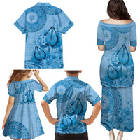 Blue Bula Fiji Family Matching Puletasi and Hawaiian Shirt Fijian Dance Fan Tapa Cloth Pattern LT14 - Polynesian Pride