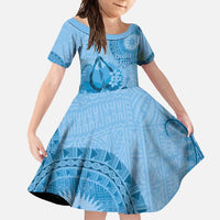 Blue Bula Fiji Family Matching Summer Maxi Dress and Hawaiian Shirt Fijian Dance Fan Tapa Cloth Pattern LT14 Daughter's Dress Blue - Polynesian Pride