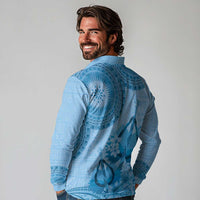 Blue Bula Fiji Long Sleeve Polo Shirt Fijian Dance Fan Tapa Cloth Pattern