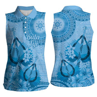 Blue Bula Fiji Women Sleeveless Polo Shirt Fijian Dance Fan Tapa Cloth Pattern LT14 - Polynesian Pride