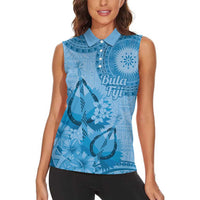 Blue Bula Fiji Women Sleeveless Polo Shirt Fijian Dance Fan Tapa Cloth Pattern LT14 - Polynesian Pride