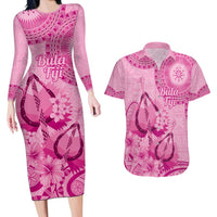 Pink Bula Fiji Couples Matching Long Sleeve Bodycon Dress and Hawaiian Shirt Fijian Dance Fan Tapa Cloth Pattern LT14 Pink - Polynesian Pride