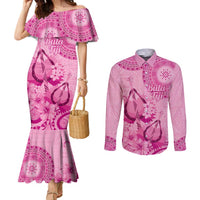 Pink Bula Fiji Couples Matching Mermaid Dress and Long Sleeve Button Shirt Fijian Dance Fan Tapa Cloth Pattern LT14 Pink - Polynesian Pride
