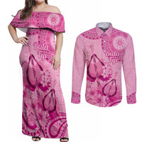 Pink Bula Fiji Couples Matching Off Shoulder Maxi Dress and Long Sleeve Button Shirt Fijian Dance Fan Tapa Cloth Pattern LT14 Pink - Polynesian Pride