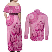 Pink Bula Fiji Couples Matching Off Shoulder Maxi Dress and Long Sleeve Button Shirt Fijian Dance Fan Tapa Cloth Pattern LT14 - Polynesian Pride