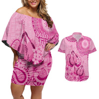 Pink Bula Fiji Couples Matching Off Shoulder Short Dress and Hawaiian Shirt Fijian Dance Fan Tapa Cloth Pattern LT14 Pink - Polynesian Pride