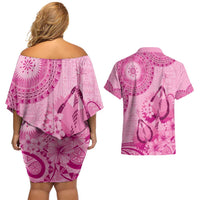Pink Bula Fiji Couples Matching Off Shoulder Short Dress and Hawaiian Shirt Fijian Dance Fan Tapa Cloth Pattern LT14 - Polynesian Pride