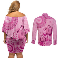 Pink Bula Fiji Couples Matching Off Shoulder Short Dress and Long Sleeve Button Shirt Fijian Dance Fan Tapa Cloth Pattern LT14 - Polynesian Pride