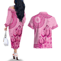Pink Bula Fiji Couples Matching Off The Shoulder Long Sleeve Dress and Hawaiian Shirt Fijian Dance Fan Tapa Cloth Pattern LT14 - Polynesian Pride