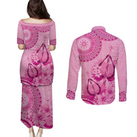 Pink Bula Fiji Couples Matching Puletasi and Long Sleeve Button Shirt Fijian Dance Fan Tapa Cloth Pattern LT14 - Polynesian Pride