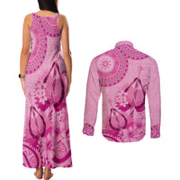 Pink Bula Fiji Couples Matching Tank Maxi Dress and Long Sleeve Button Shirt Fijian Dance Fan Tapa Cloth Pattern LT14 - Polynesian Pride