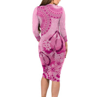 Pink Bula Fiji Family Matching Long Sleeve Bodycon Dress and Hawaiian Shirt Fijian Dance Fan Tapa Cloth Pattern LT14 - Polynesian Pride