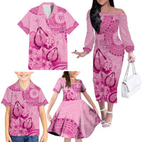 Pink Bula Fiji Family Matching Off The Shoulder Long Sleeve Dress and Hawaiian Shirt Fijian Dance Fan Tapa Cloth Pattern LT14 - Polynesian Pride