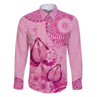 Pink Bula Fiji Family Matching Puletasi and Hawaiian Shirt Fijian Dance Fan Tapa Cloth Pattern LT14 Dad's Shirt - Long Sleeve Pink - Polynesian Pride
