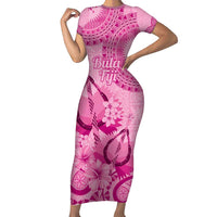 Pink Bula Fiji Short Sleeve Bodycon Dress Fijian Dance Fan Tapa Cloth Pattern LT14 Long Dress Pink - Polynesian Pride