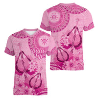 Pink Bula Fiji Women V-Neck T-Shirt Fijian Dance Fan Tapa Cloth Pattern LT14 - Polynesian Pride
