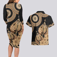 Black Bula Fiji Couples Matching Long Sleeve Bodycon Dress and Hawaiian Shirt Fijian Dance Fan Tapa Cloth Pattern LT14 - Polynesian Pride