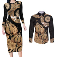 Black Bula Fiji Couples Matching Long Sleeve Bodycon Dress and Long Sleeve Button Shirt Fijian Dance Fan Tapa Cloth Pattern LT14 Black - Polynesian Pride