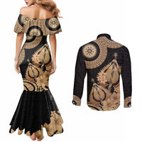 Black Bula Fiji Couples Matching Mermaid Dress and Long Sleeve Button Shirt Fijian Dance Fan Tapa Cloth Pattern LT14 - Polynesian Pride