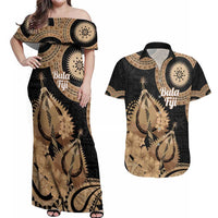 Black Bula Fiji Couples Matching Off Shoulder Maxi Dress and Hawaiian Shirt Fijian Dance Fan Tapa Cloth Pattern LT14 Black - Polynesian Pride