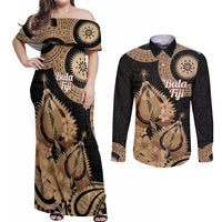 Black Bula Fiji Couples Matching Off Shoulder Maxi Dress and Long Sleeve Button Shirt Fijian Dance Fan Tapa Cloth Pattern LT14 Black - Polynesian Pride