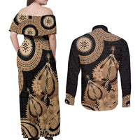 Black Bula Fiji Couples Matching Off Shoulder Maxi Dress and Long Sleeve Button Shirt Fijian Dance Fan Tapa Cloth Pattern LT14 - Polynesian Pride