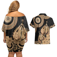 Black Bula Fiji Couples Matching Off Shoulder Short Dress and Hawaiian Shirt Fijian Dance Fan Tapa Cloth Pattern LT14 - Polynesian Pride