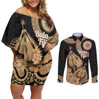 Black Bula Fiji Couples Matching Off Shoulder Short Dress and Long Sleeve Button Shirt Fijian Dance Fan Tapa Cloth Pattern LT14 Black - Polynesian Pride
