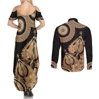 Black Bula Fiji Couples Matching Summer Maxi Dress and Long Sleeve Button Shirt Fijian Dance Fan Tapa Cloth Pattern LT14 - Polynesian Pride
