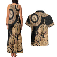 Black Bula Fiji Couples Matching Tank Maxi Dress and Hawaiian Shirt Fijian Dance Fan Tapa Cloth Pattern LT14 - Polynesian Pride