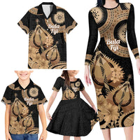 Black Bula Fiji Family Matching Long Sleeve Bodycon Dress and Hawaiian Shirt Fijian Dance Fan Tapa Cloth Pattern LT14 - Polynesian Pride