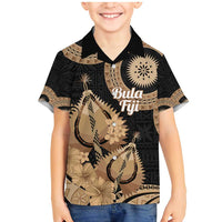 Black Bula Fiji Family Matching Mermaid Dress and Hawaiian Shirt Fijian Dance Fan Tapa Cloth Pattern LT14 Son's Shirt Black - Polynesian Pride