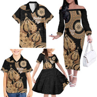 Black Bula Fiji Family Matching Off The Shoulder Long Sleeve Dress and Hawaiian Shirt Fijian Dance Fan Tapa Cloth Pattern LT14 - Polynesian Pride