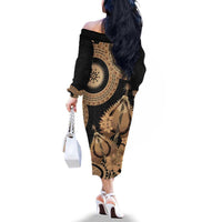 Black Bula Fiji Family Matching Off The Shoulder Long Sleeve Dress and Hawaiian Shirt Fijian Dance Fan Tapa Cloth Pattern LT14 - Polynesian Pride