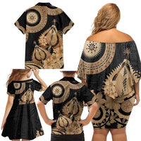 Black Bula Fiji Family Matching Off Shoulder Short Dress and Hawaiian Shirt Fijian Dance Fan Tapa Cloth Pattern LT14 - Polynesian Pride