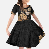 Black Bula Fiji Family Matching Puletasi and Hawaiian Shirt Fijian Dance Fan Tapa Cloth Pattern LT14 Daughter's Dress Black - Polynesian Pride